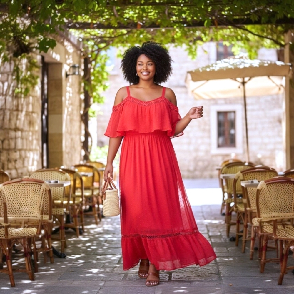 ASHLEY NELL TIPTON Swiss Dot Cold Shoulder Maxi  Dress - Size 1X
